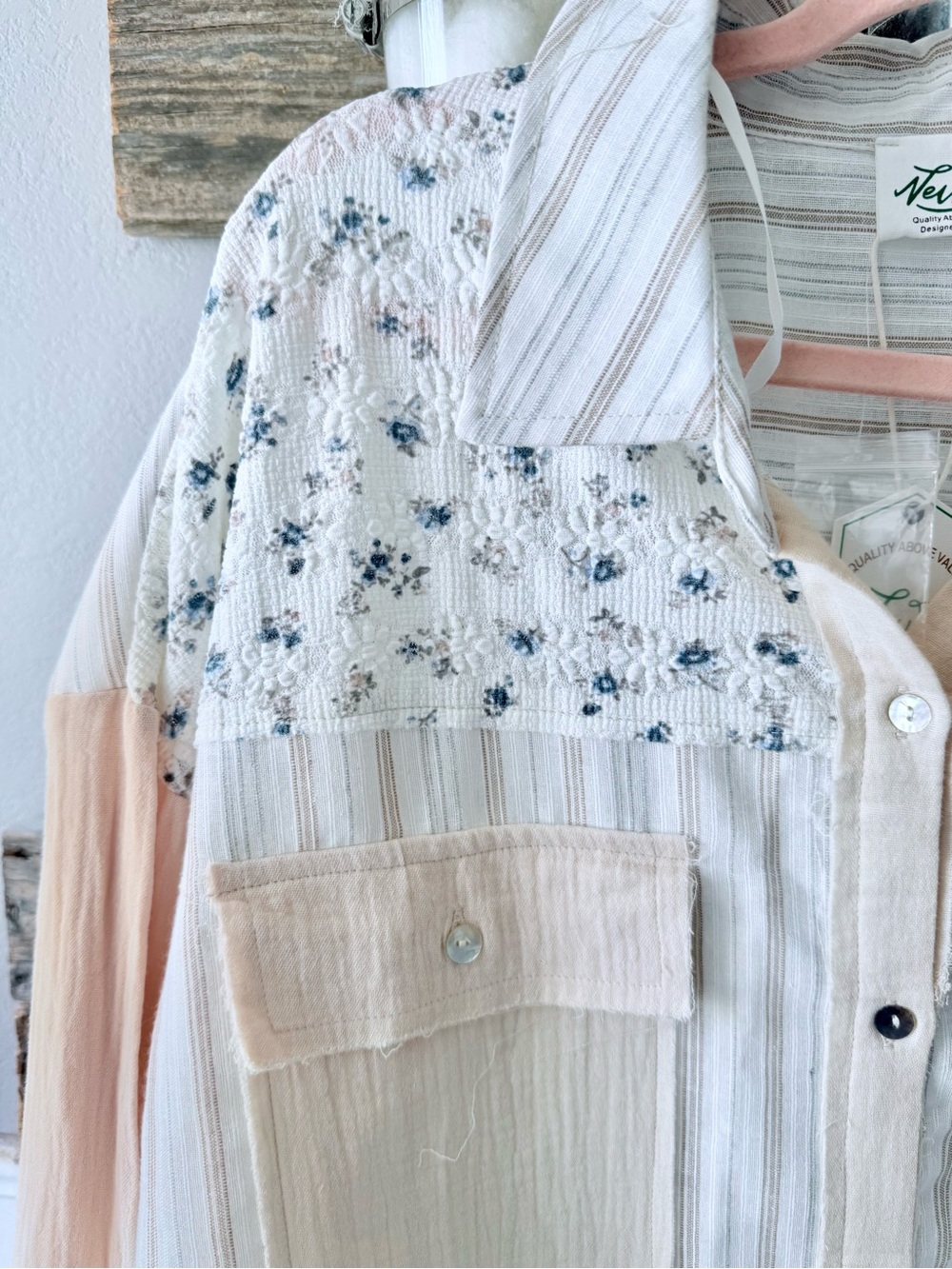 Patchwork Button-Down Shirt in Soft Pink and Cream - Picture 3 of 6